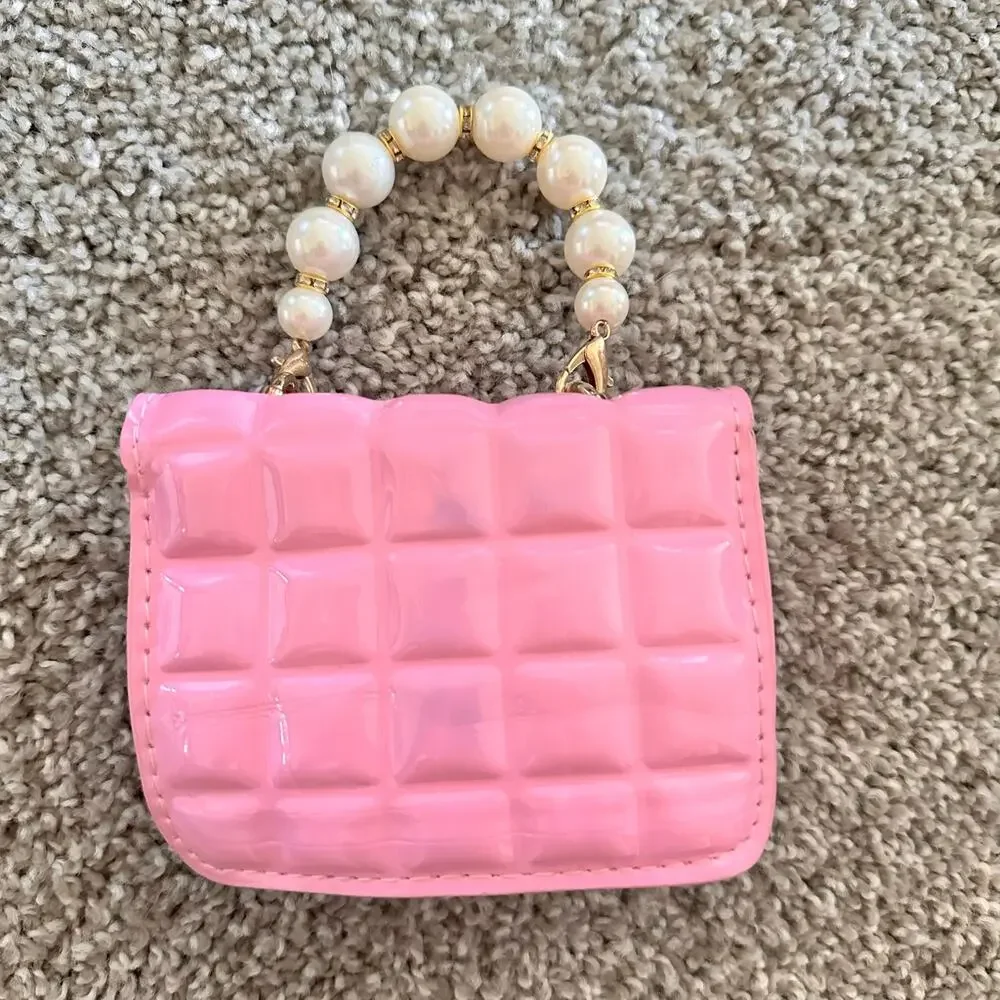 Pink Purse Textured Faux Pearl Decor Square Bag Gold Chain NEW